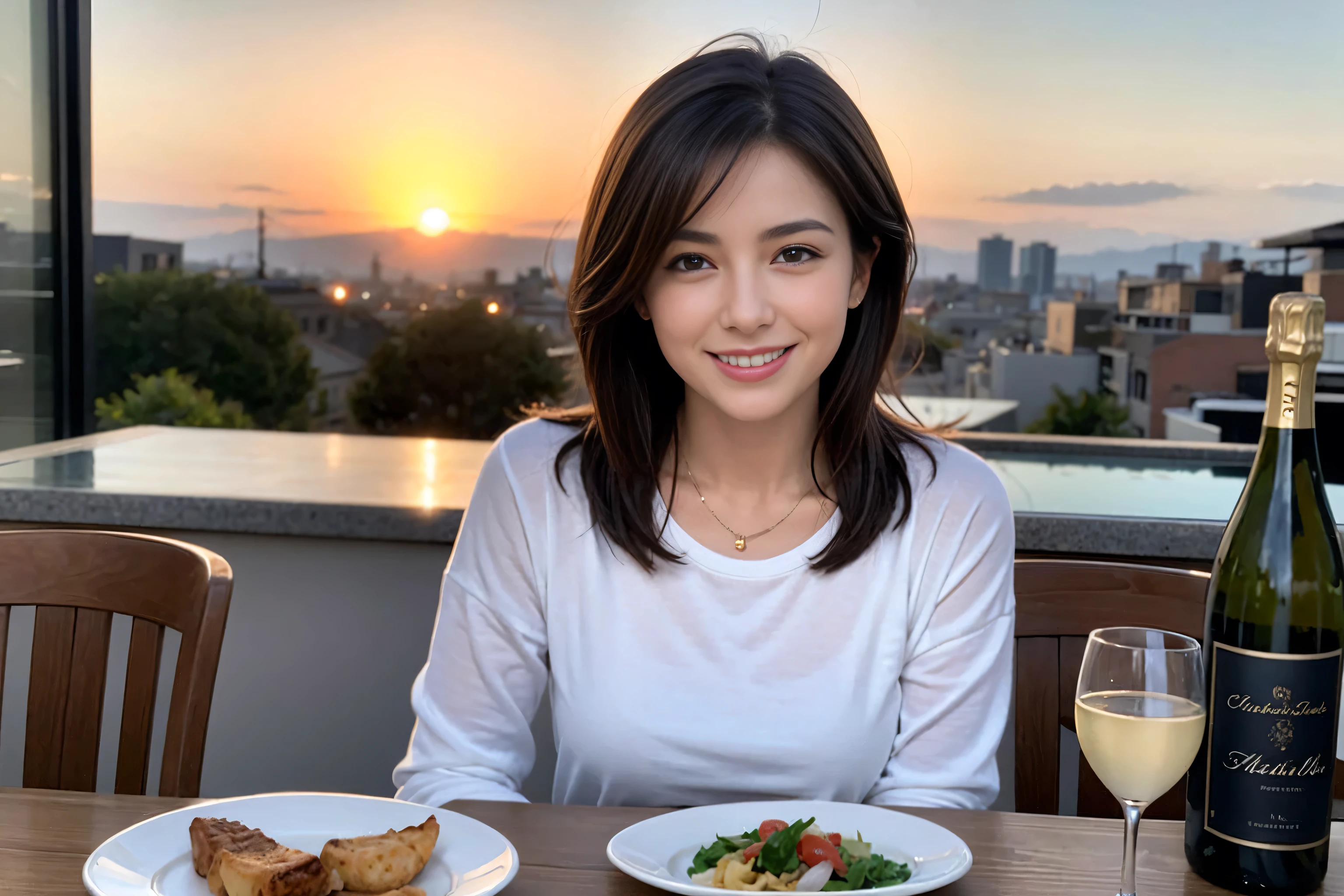 （Realistic:1.1）,(masterpiece,Highest quality)，8k,(49 years old), 50 years old, slimカップル、Tight waist,Upper Body,full-course dinner、wine 、Amazing view of the sunset sky and clouds、Perfect Anatomy, Brown Hair, short hair,Random Hairstyles,((Highly detailed face and eyes:1.2))，Perfect golden ratio face，Long sleeve shirt、dress,(smile:1.2)、Shortcuts、cute、(Realistic, Intricate details:1.2), A bright smile、short hair,Bright Face、赤wine 、Appetizers、Italian food、wine bottle、Champagne、スパークリングwine、(slimな顔), (The body is slim), (Brown Hair), (Shortcuts),  Upper Body, 白wine, slim, wineグラス, 