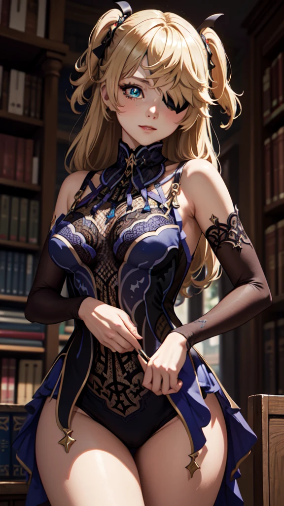 Young blonde girl in a library, black eye patch, twin small ponytails,
BREAK (masterpiece:1.2), best quality, high resolution, unity 8k wallpaper, (illustration:0.8), (beautiful detailed eyes:1.6), extremely detailed face, perfect lighting, extremely detailed CG, (perfect hands, perfect anatomy), joyful, laughing, Happy, corset with deep lace neckline