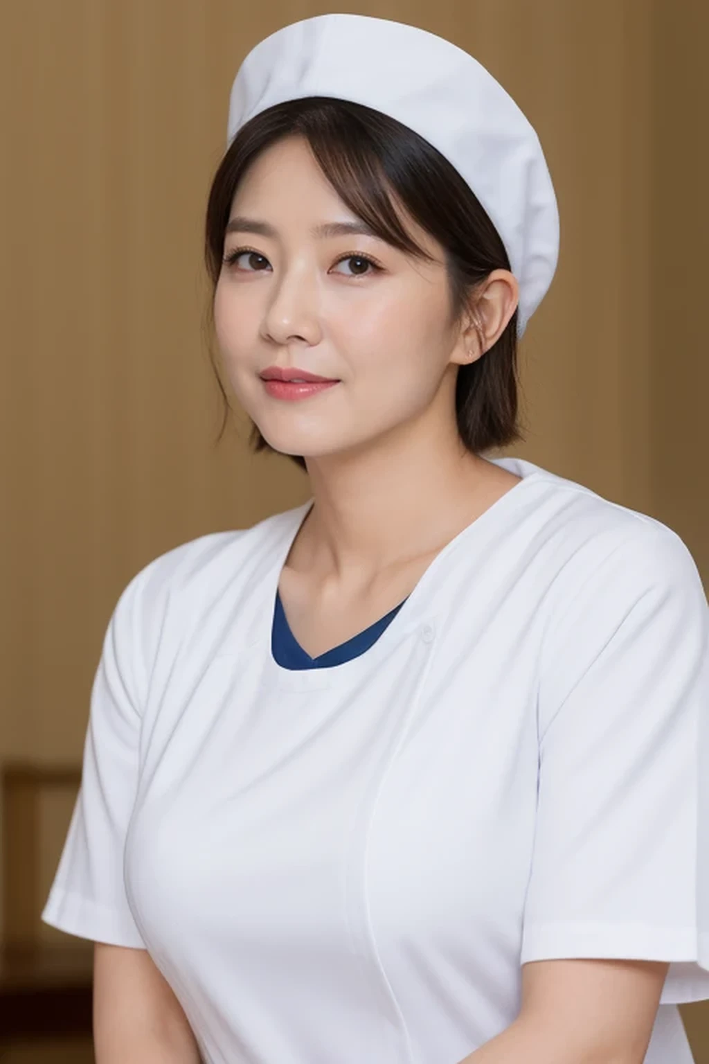 (8k, best quality, masterpiece, golden ratio composition,:1.3), (huge breasts:1.2), (beautiful Japanese mature woman), A woman in her 40s, shirt cut hair, (wearing white Nurse's uniform, Nurse's cap :1.2),
