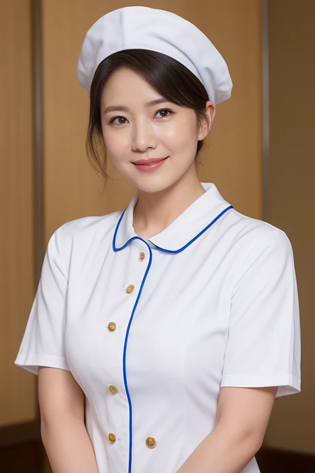 (8k, best quality, masterpiece, golden ratio composition,:1.3), (huge breasts:1.2), (beautiful Japanese mature woman), A woman in her 40s, shirt cut hair, (wearing white Nurse's uniform, Nurse's cap :1.2),