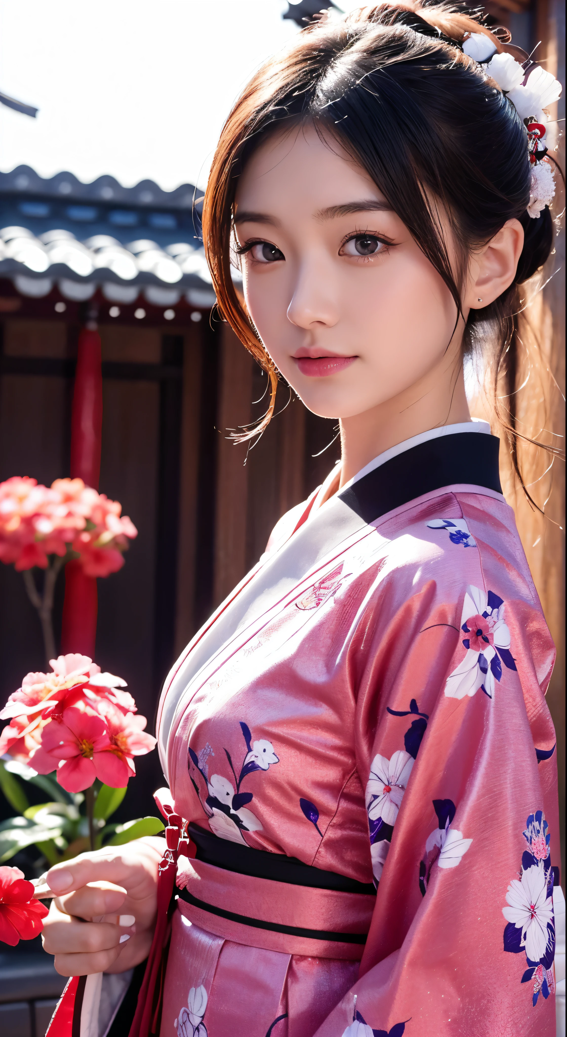 with high definition images，beginning of the year:　Japanese New Year&#39;s Eve、new yearあけましておめでとうございます、new year、Shimabara Yuuhi、Lip Gloss、Long black hair、Facial details、Down jacket outfit、Long lockedium Hair、Thick eyebrows、Sharp yellow eyes，Full body high quality images