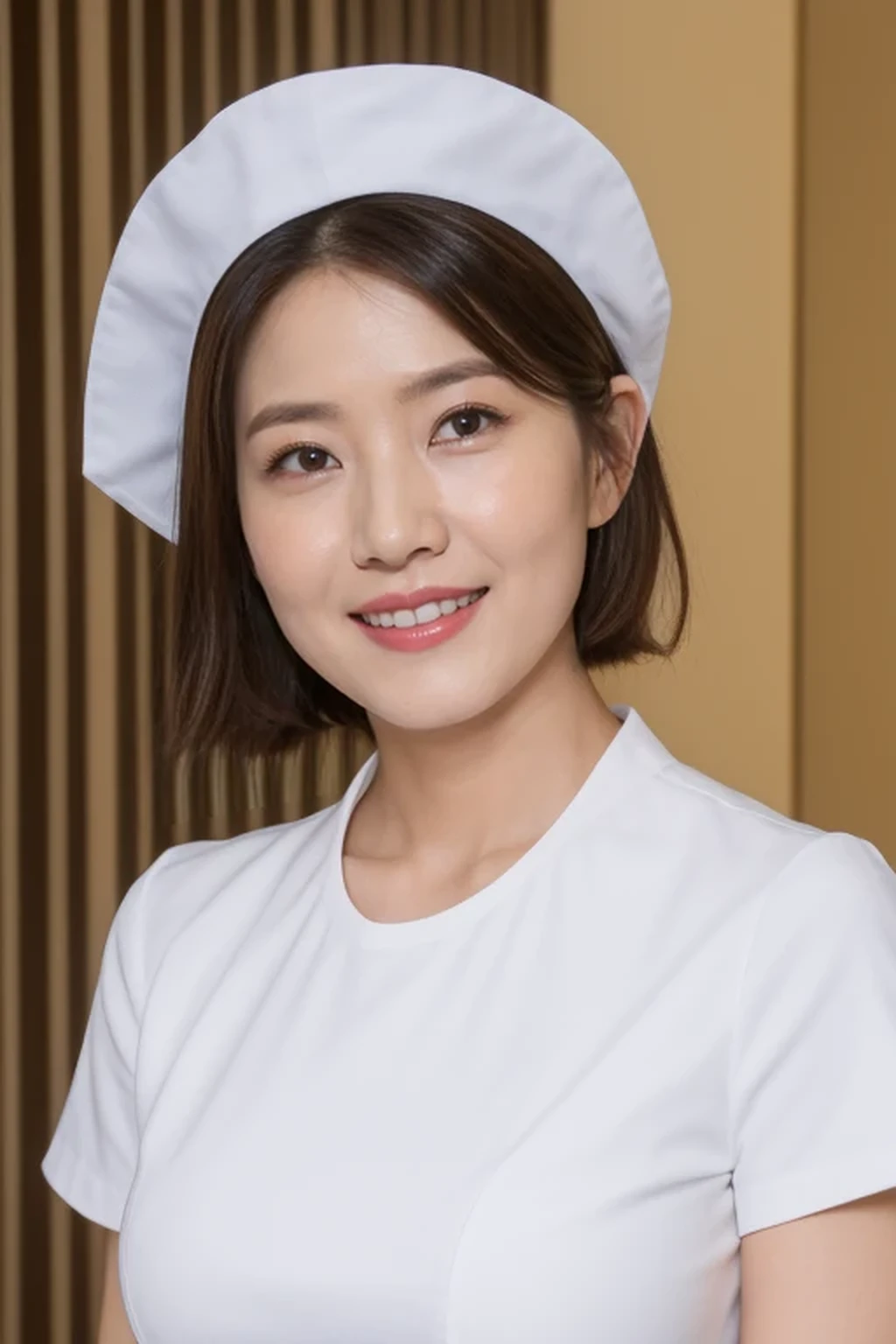 (8k, best quality, masterpiece, golden ratio composition,:1.3), (huge breasts:1.2), (beautiful Japanese mature woman), A woman in her 40s, shirt cut hair, (wearing white Nurse's uniform, Nurse's cap :1.2),