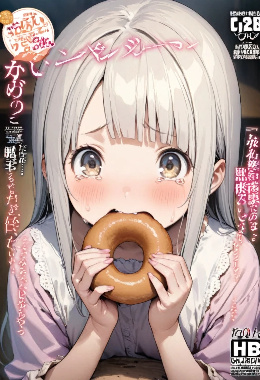 magazine cover(masterpiece, best quality:1.2),10-year-old poor girl，Ragged clothes，Eating Donuts, Sour expression, Tears（（（The eyes are delicate）））（8K）（HD）