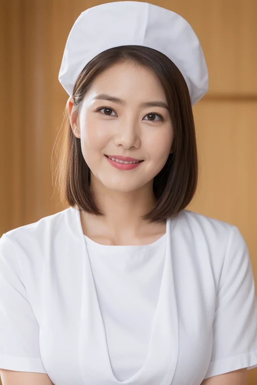 (8k, best quality, masterpiece, golden ratio composition,:1.3), (huge breasts:1.2), (beautiful Japanese mature woman), A woman in her 40s, shirt cut hair, (wearing white Nurse's uniform, Nurse's cap :1.2),