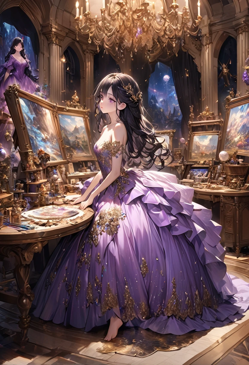 ((Purple Dress)), Hyperrealistic photo of a girl in a majestic light purple and gold ball gown dress, Big beautiful dress, Lots of frills and rhinestones、Intricately wavy ball gown (Highest quality, Tabletop, Art Station, Fantasy art:1.2), Palace Room, Beautiful cute girl, (Long black hair:1.1), (Intricate short gold skirt, barefoot:1.2, Full Body Shot)