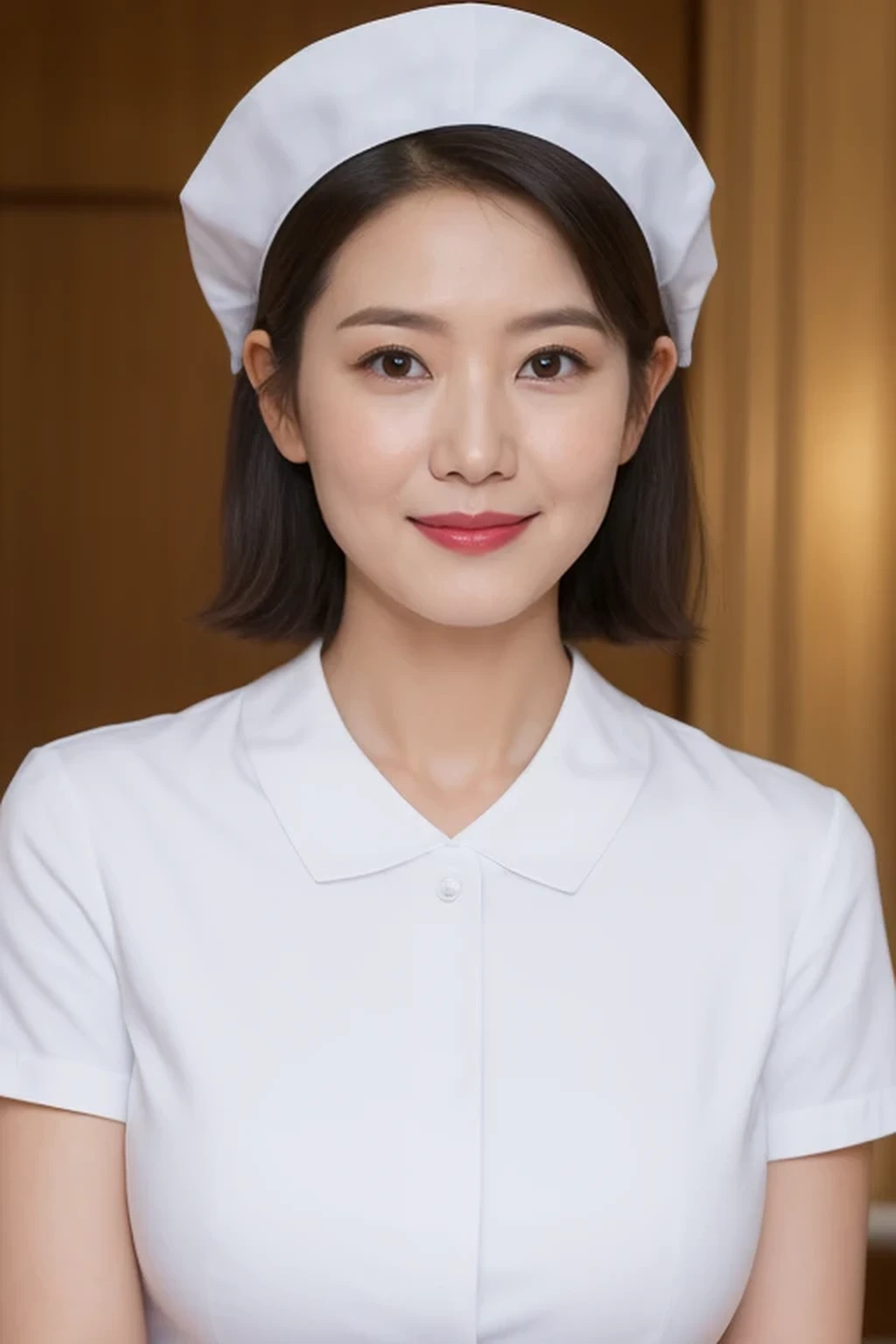 (8k, best quality, masterpiece, golden ratio composition,:1.3), (huge breasts:1.2), (beautiful Japanese mature woman), A woman in her 40s, shirt cut hair, (wearing white Nurse's uniform, Nurse's cap :1.2),