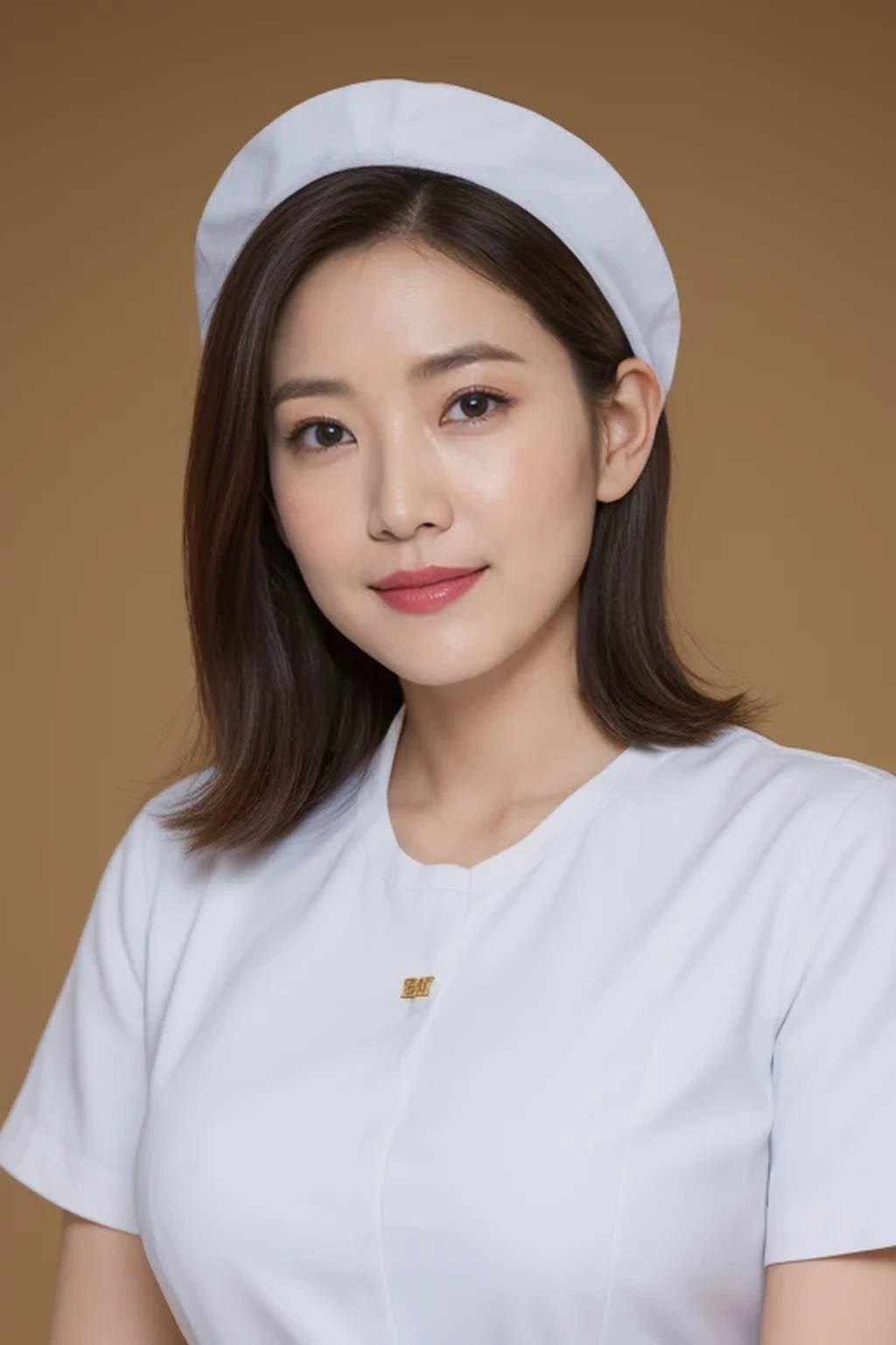 (8k, best quality, masterpiece, golden ratio composition,:1.3), (huge breasts:1.2), (beautiful Japanese mature woman), A woman in her 40s, shirt cut hair, (wearing white Nurse's uniform, Nurse's cap :1.2),