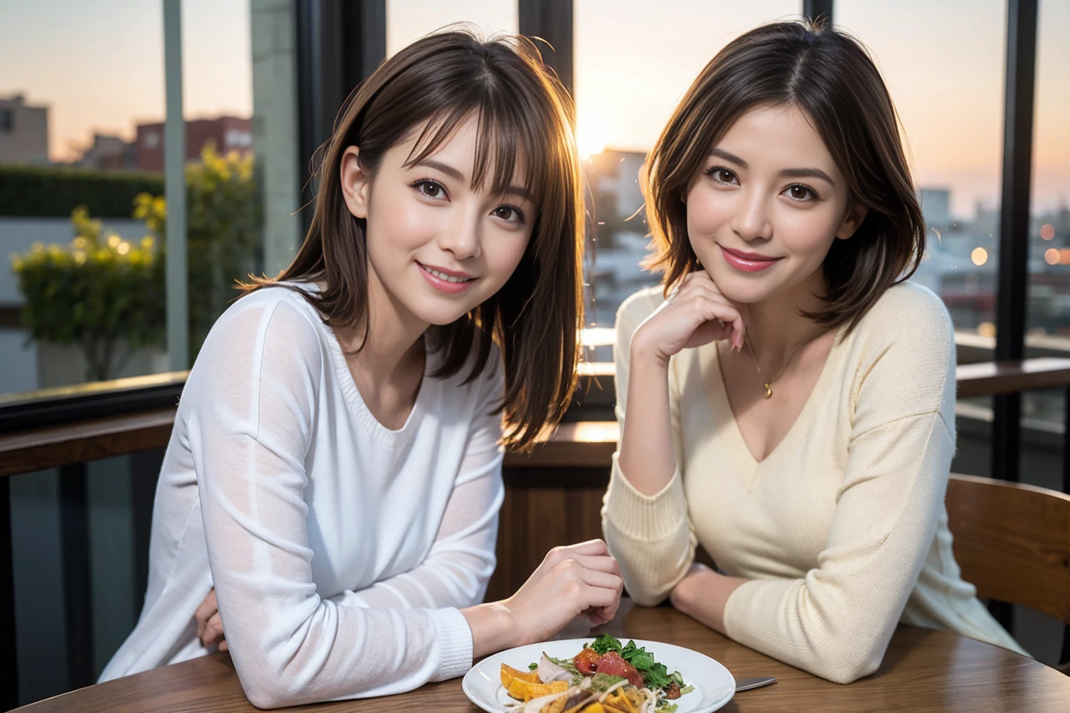 (Realistic:1.1),(masterpiece,Highest quality),8k,(49 years old), 50 years old, slimカップル、Tight waist,Upper Body,full-course dinner、wine 、Amazing view of the sunset sky and clouds、Perfect Anatomy, Brown Hair, short hair,Random Hairstyles,((Highly detailed face and eyes:1.2)),Perfect golden ratio face,Long sleeve shirt、dress,(smile:1.2)、Shortcuts、cute、(Realistic, Intricate details:1.2), A bright smile、short hair,Bright Face、赤wine 、Appetizers、Italian food、wine bottle、Champagne、スパークリングwine、(slimな顔), (The body is slim), (Brown Hair), (Shortcuts), Upper Body, 白wine, slim, wineグラス,