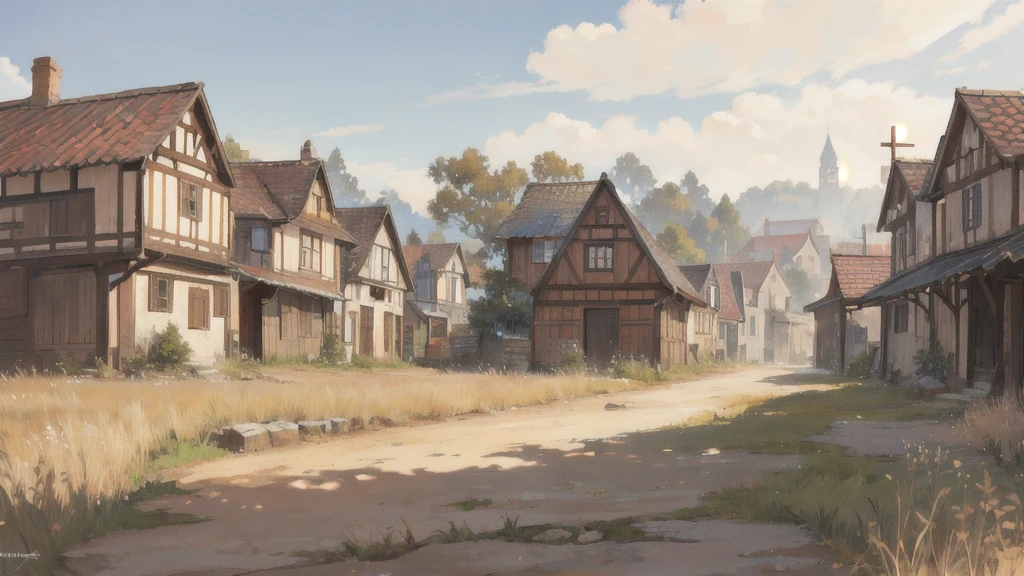 background material, antique, high quality, close ground level, street view, close to building view, orchard next to a house on wood foundation, dried grass, close up ground level, village in the background, medieval fantasy, muted colors,