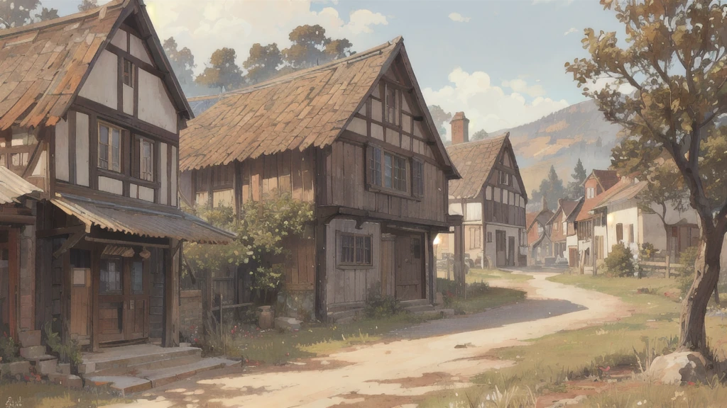 background material, antique, high quality, close ground level, street view, close to building view, orchard next to a house on wood foundation, dried grass, close up ground level, village in the background, medieval fantasy, muted colors, 