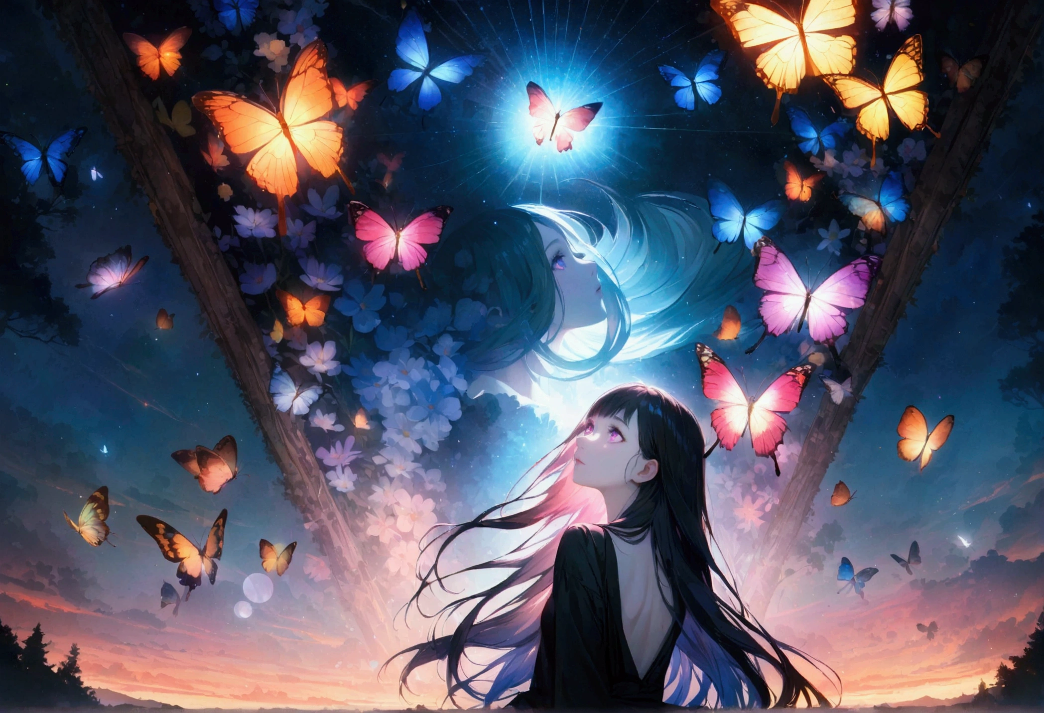 (woman\(student, 15 years old, JK, Long Hair, Colorful eyes, Pale skin,) Looking up at the sky), (Many butterflies flying in the sky), Beautiful sky, summer,Colorful flowers are blooming everywhere, Mysterious and dreamy ,Giant Tree,quality\(8k,CG wallpaper, masterpiece,High resolution,top-quality,Surrealism,Increased resolution,RAW Photos,Best quality,Very detailed,Light,Ray Tracing,Golden Ratio)