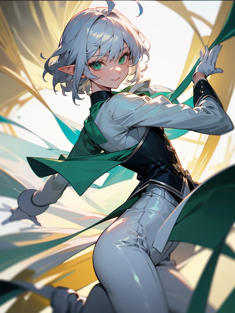 Elf, silver hair,short hair, medium cut, ahoge, curly hair,green eyes,slender, fair skin, cool Smile , White gloves, long boots, pants, tailcoat, Dance party, upper body, looking at viewer, inside, mansion