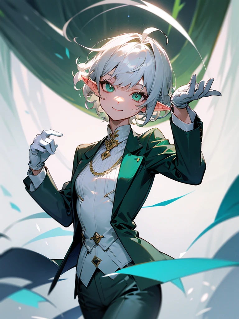 Elf, silver hair,short hair, medium cut, ahoge, curly hair,green eyes,slender, fair skin, cool Smile , White gloves, long boots, pants, tailcoat, Dance party, upper body, looking at viewer, inside, mansion