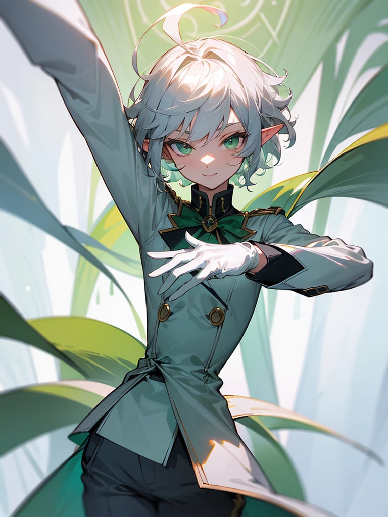 Elf, silver hair,short hair, medium cut, ahoge, curly hair,green eyes,slender, fair skin, cool Smile , White gloves, long boots, pants, tailcoat, Dance party, upper body, looking at viewer, inside, mansion
