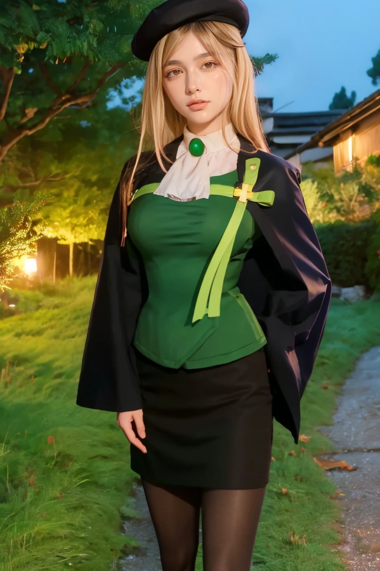 1 girl, best quality, ((Miyo)), tarankaaa, NOT Dasha Taran, Takano Miyo after Sotsu redemption, perfect face, beautiful smile, 30 years old, ((ascot, uniform, black skirt, cross, ribbon, gold blonde hair, emerald, beret, cape, pantyhose, her shirt cover hips)), ((perfectly drawn hands)), perfect body, bare tree, bush, fog, forest, grass, nature, outdoors, plant, scenery, solo, standing, tree, 32k photograph, ((perfect eyes, detailed eyes,realistic eyes)), ((sharp face, detailed face, realistic face, natural skin, realistic skin, detailed skin, pores)), full body, tone mapping, asian-european, ((masterpiece)), ((highres)), ((detailed background)), japanese village background, night, big proportions,