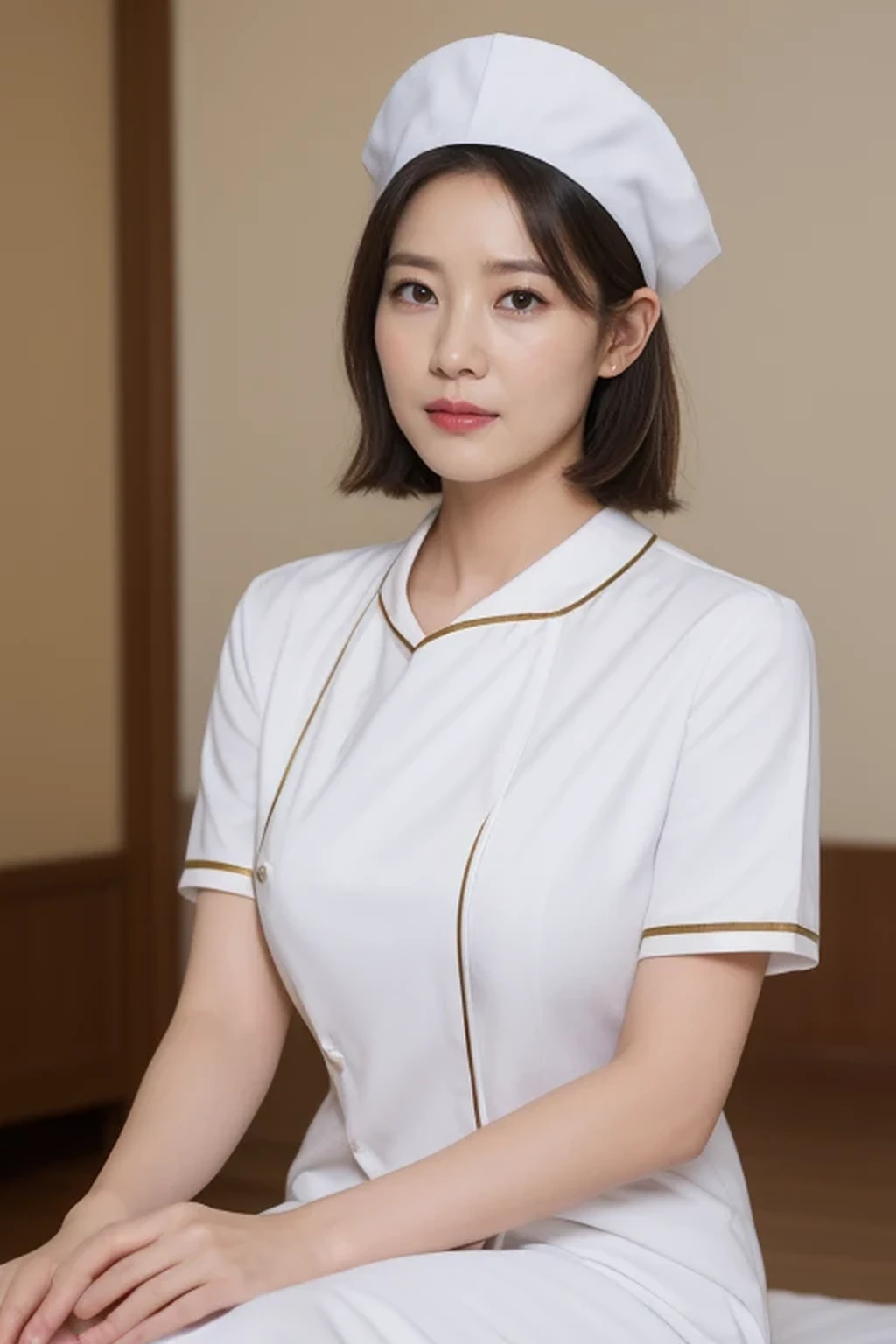 (8k, best quality, masterpiece, golden ratio composition,:1.3), (huge breasts:1.2), (beautiful Japanese mature woman), A woman in her 40s, shirt cut hair, (wearing white Nurse's uniform, Nurse's cap :1.2),