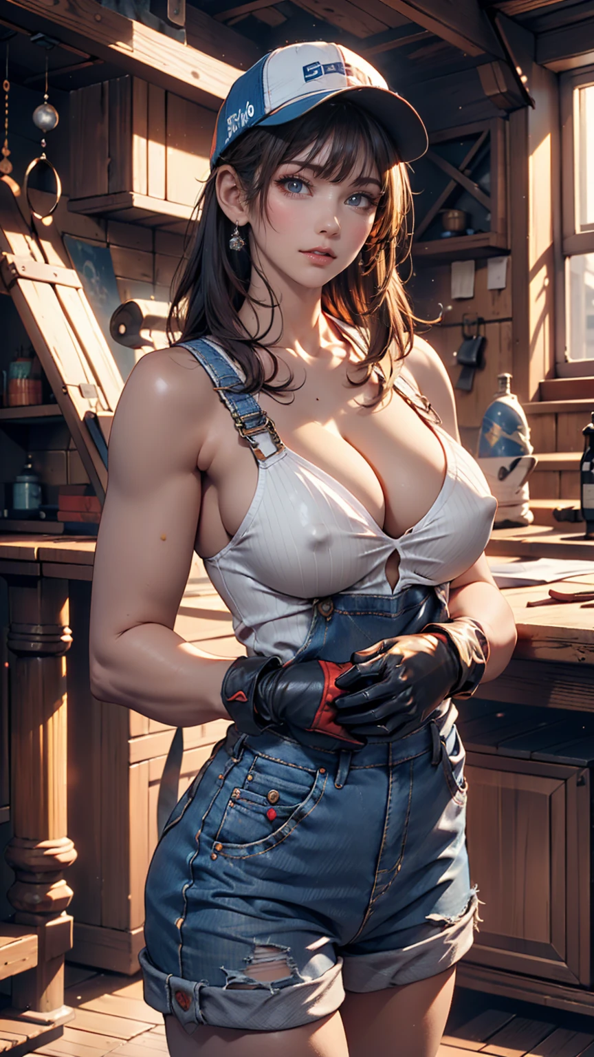 Space Shuttle in a Rusty Field, Landscape Village, Standing person々, Realistic, Simon Starenhug Style、24-year-old female、Wear work overalls((Open front to accentuate cleavage))、Work hat、Chignon、Moderately sized breasts、Gloves、Cowboy Shot、Work shoes、Nipple exposure、Nipple erection