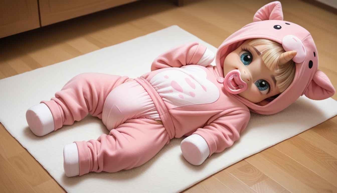 pony, light caramel unicorn, adult filly, sitting on a soft play mat, wearing a pink baby onesie and pink adult size foal booties, pink pacifier in mouth, solo, cubes on the floor, thick baby pink diaper under clothes.