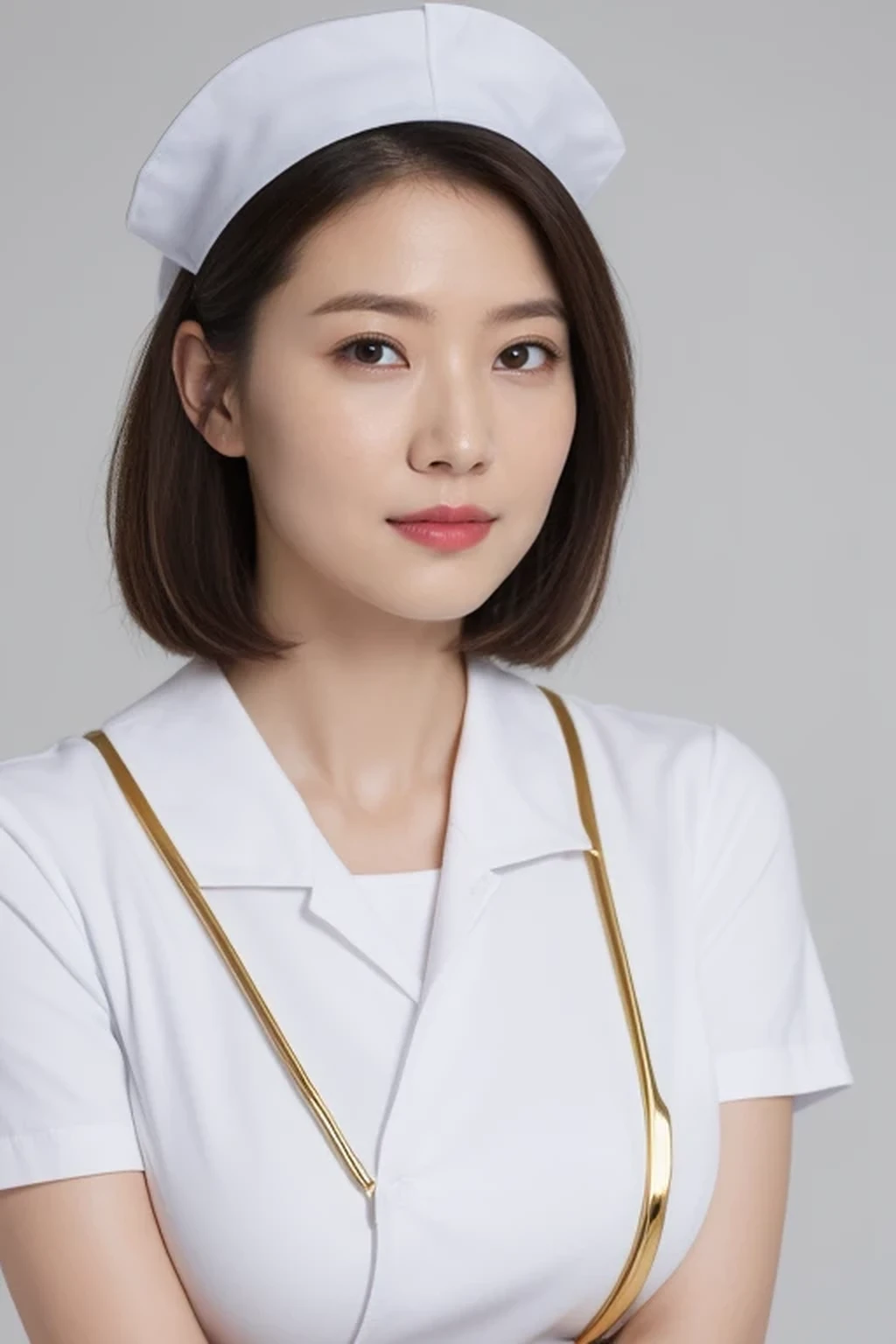 (8k, best quality, masterpiece, golden ratio composition,:1.3), full body, (huge breasts:1.2), (beautiful Japanese mature woman), A woman in her 40s, shirt cut hair, (wearing white Nurse's uniform, Nurse's cap :1.2),