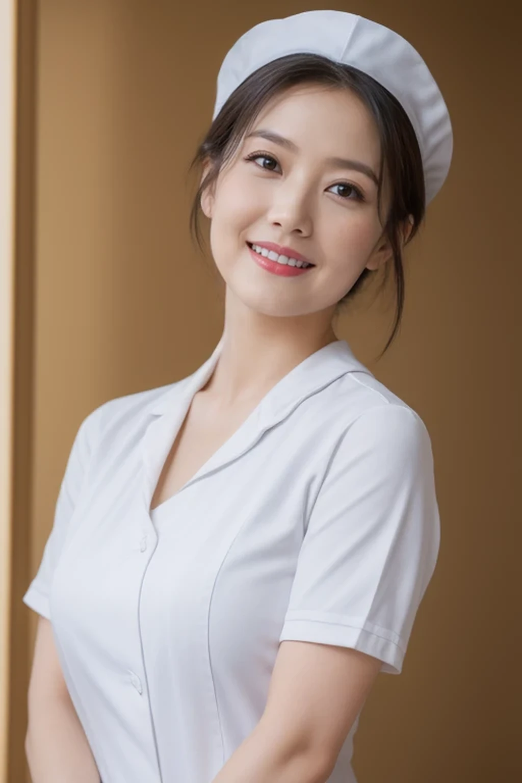(8k, best quality, masterpiece, golden ratio composition,:1.3), full body,  (huge breasts:1.2), (beautiful Japanese mature woman), A woman in her 40s, shirt cut hair, (wearing white Nurse's uniform, Nurse's cap :1.2),