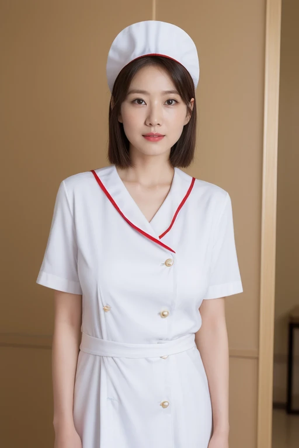 (8k, best quality, masterpiece, golden ratio composition,:1.3), full body,  (huge breasts:1.2), (beautiful Japanese mature woman), A woman in her 40s, shirt cut hair, (wearing white Nurse's uniform, Nurse's cap :1.2),