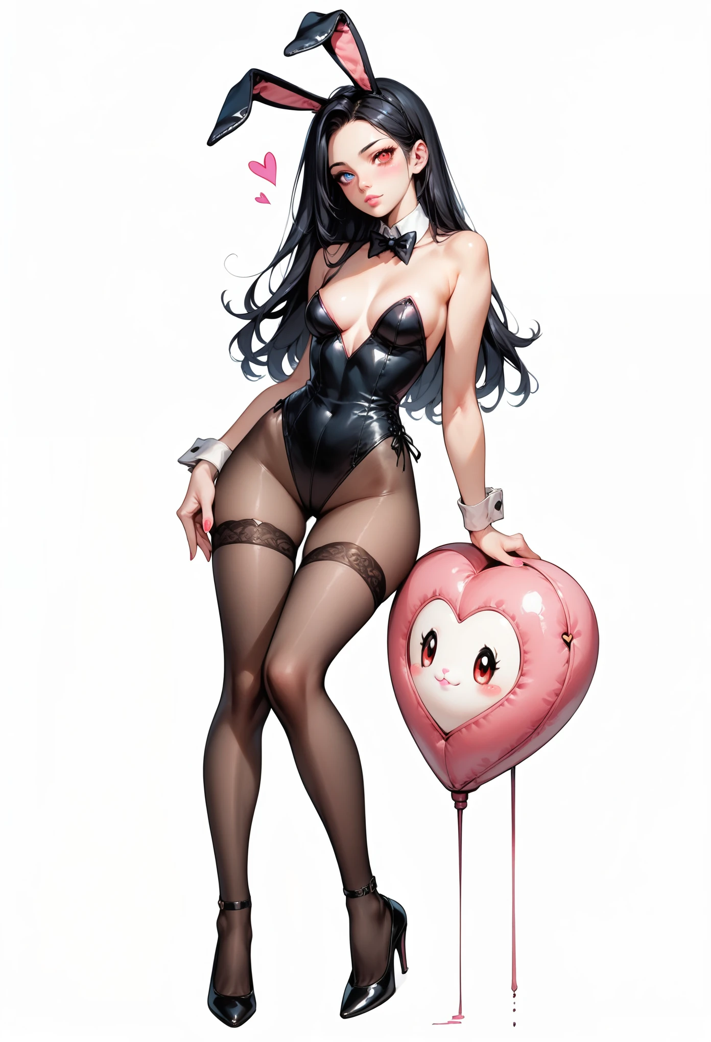 (score_9, score_8_up, score_7_up), zPDXL, olay boy bunny, 1 girl, alone, looking at viewer, plain background, blushing, red eyes, full body, long hair, black hair, bunny girl outfit, bunny ears, kawaii, black thigh high stockings, tight stockings, black heels, sexy, slanted hips, hearts, leather outfit, white background, blue eyes, pink lips,