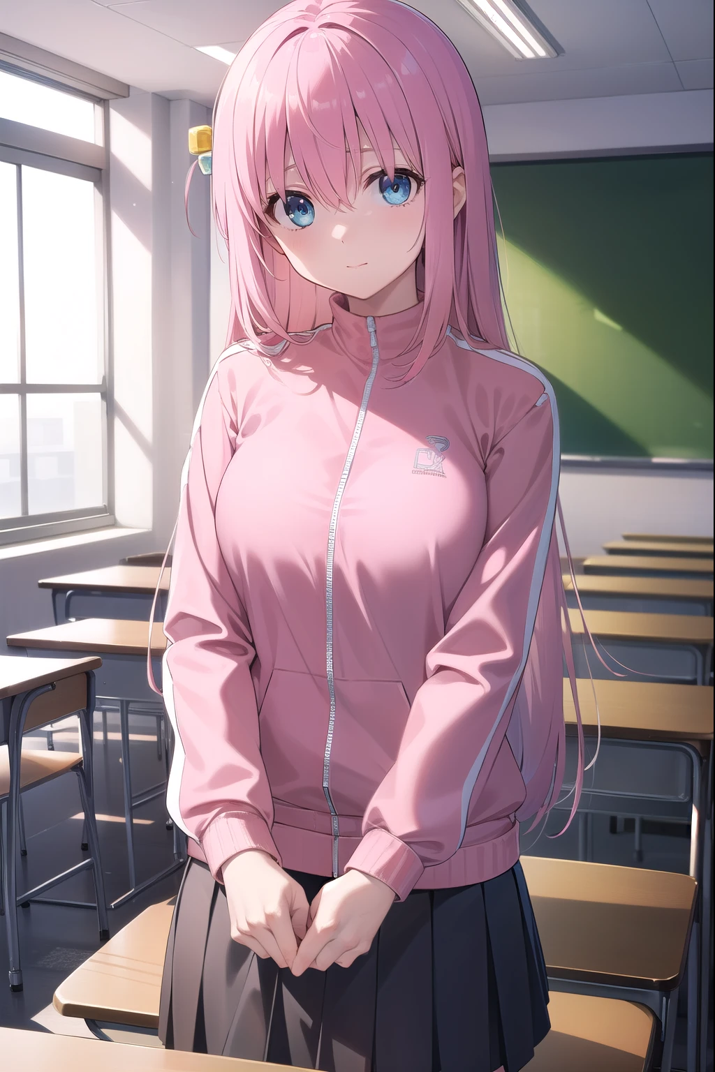 (masterpiece:1.2),( Highest quality), (High resolution), (unity 8k wallpaper), (figure:0.8), (Beautiful attention to detail:1.6), Highly (detailed face), (Perfect lighting), (Highly detailed CG), (Perfect hands, Perfect Anatomy), (hitori gotou), One girl, blue eyes, cube hair ornaments, Hair between the eyes, hair ornaments, Pink Hair, One side up, Long Hair, black skirt, Jacket, Long sleeve, (pink Jacket:1.5), pleated skirt, skirt, track Jacket, black high socks, loafers, looking at viewer, Cowboy shot, indoors, classroom
