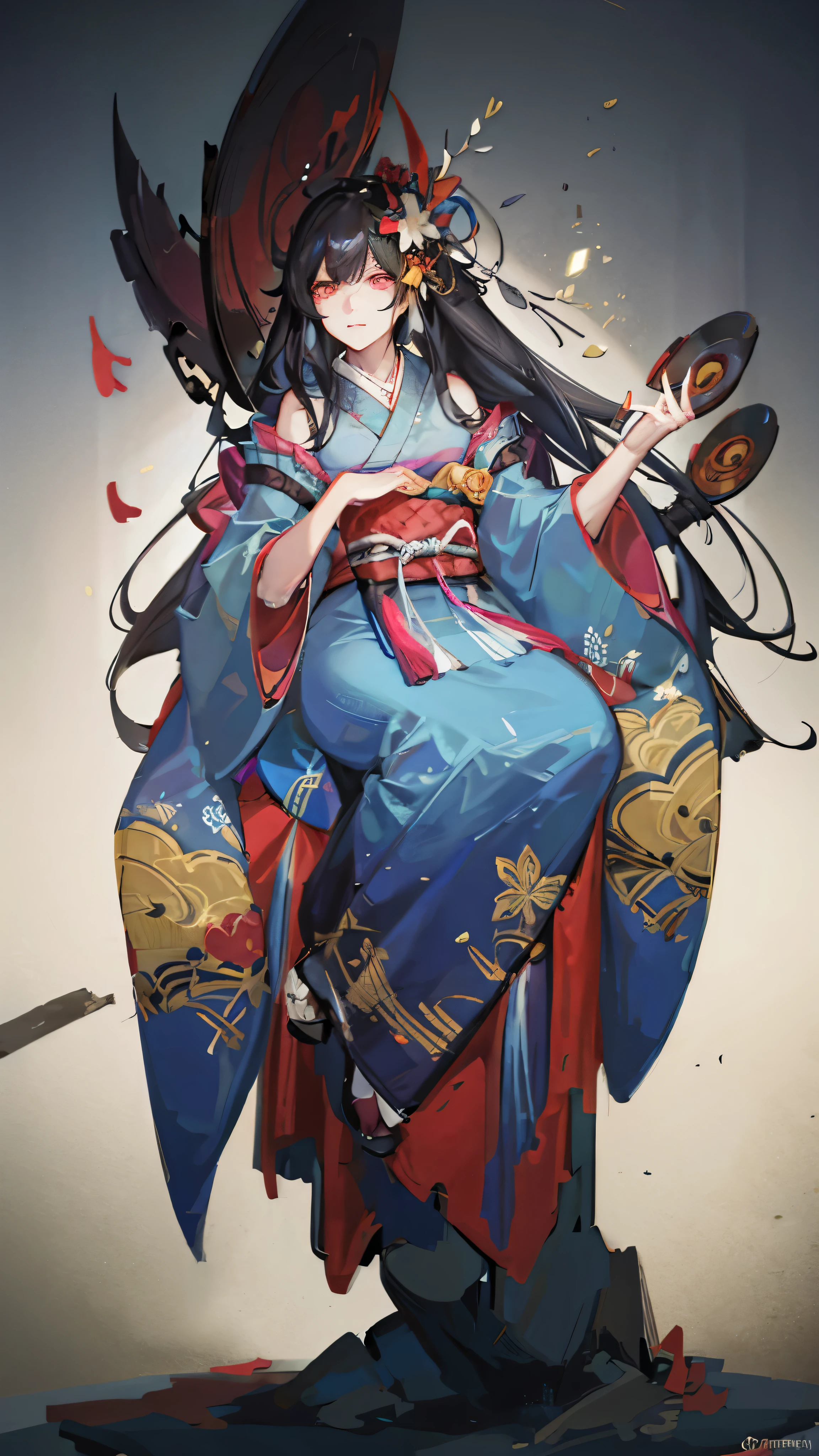 Highest quality, Pixiv, Black Hair, hair ornaments, kimono, hair flower, flower, kimono, mask, One girl, Sitting, Long Hair, with own hands, View your viewers, 6+boy, pray, multiple boy, Flower pattern print, Wide sleeves, fear, Apparition, scared, ugly, chiaroscuro, cinematic lighting, (masterpiece:1.2), UHD, high details, best quality, highres, 8k