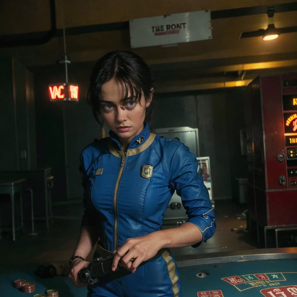 (One person). Fallout TV series. Inside a dimly lit large room in a post-apocalyptic (casino) in Las Vegas. Vaultsuit Lucy, an 18-year-old vault dweller wearing a blue and gold vaultsuit, her black hair disheveled, clutching a large gun in a dimly lit, post-apocalyptic casino. Cinematic. realistic colors, realistic, photorealistic. EllaPurnell1