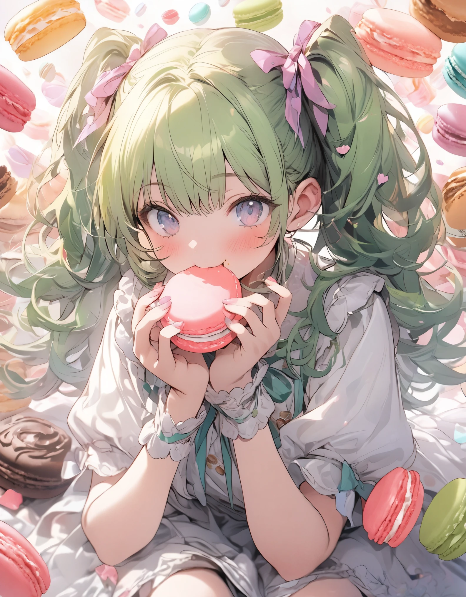 masterpiece、girl、Green Hair, twin tails、smile、wearing glasses,(((eating macaron)))、Focus on the face,sweets background, macarons background, detailed face and body, 8k