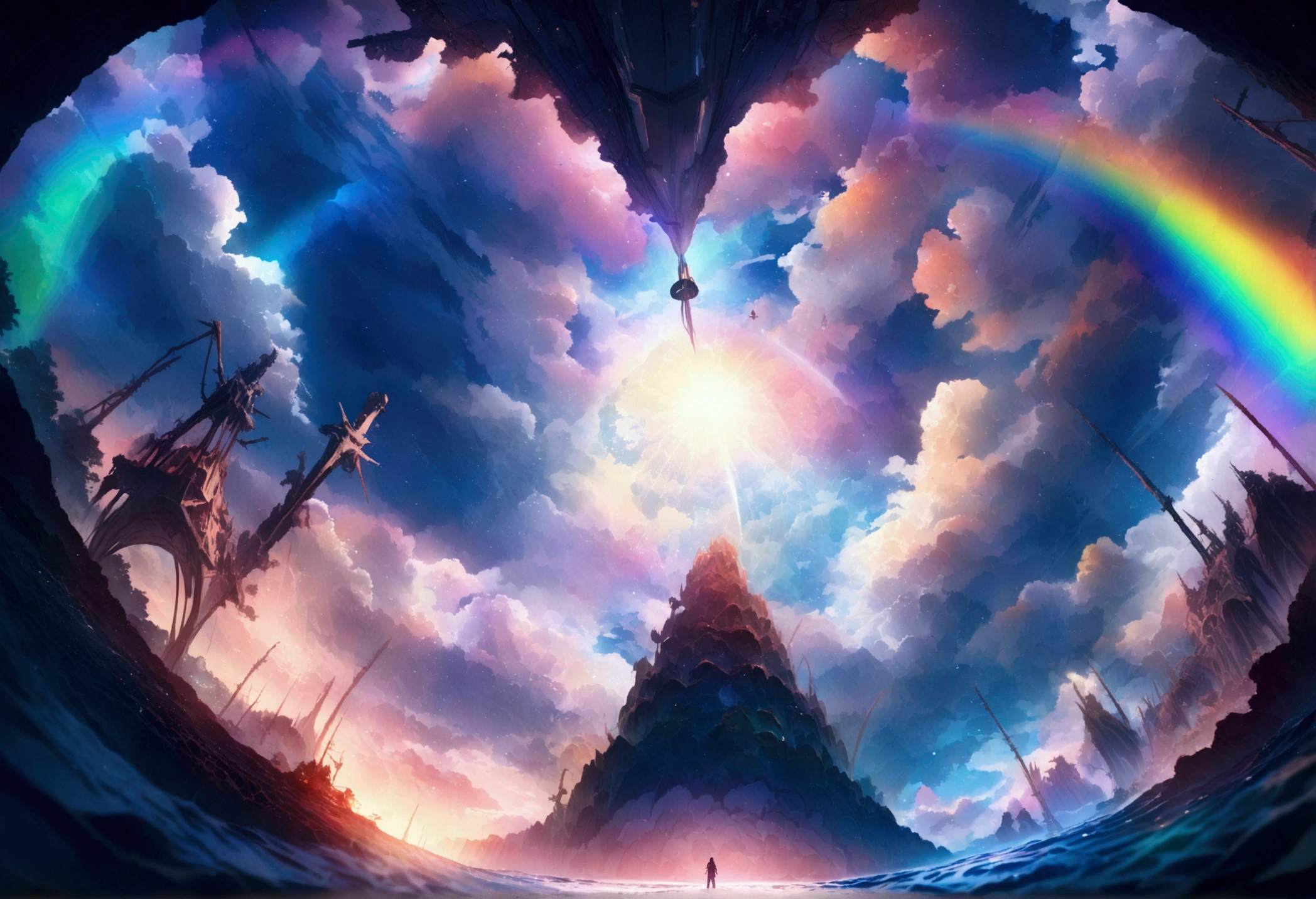(((Chrome anchor stuck at the bottom of the deep seabed))) Shaft of sunlight penetrating the surface of the sea, Illuminate the world hidden below, Create captivating underwater scenes. Vertical panorama, Ultra-wide angle view. Ultra-high resolution, masterpiece, Award-winning photo, Vast landscape photography , (A view from below, with the sky above and the wide fields below), (masterpiece:1.2), (Highest quality), 4K, Very detailed, (Dynamic configuration:1.4), Very detailed, Colorful details,( Rainbow colors:1.2), (Glowing lights, Atmospheric lighting), dream-like, Magic, (alone:1.2)