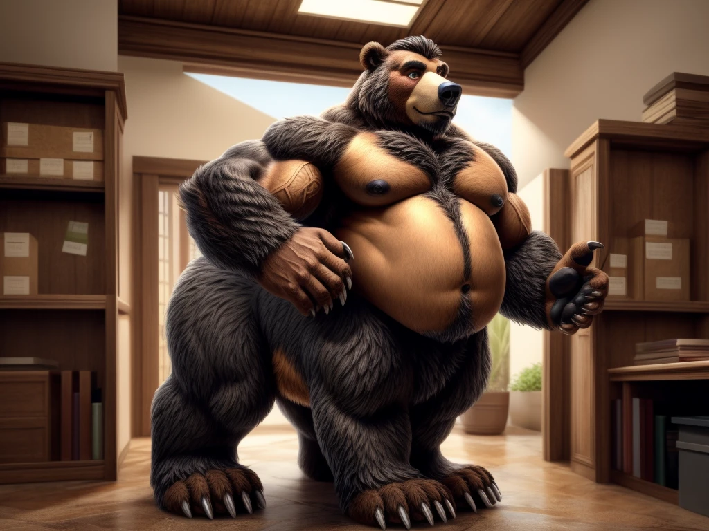 furry, fur taur, huge bear, beartaur, middle-age, solo,1man, detailed face, bear ears, bear eyes(green), bear nose(black), bear mouth, garibaldi beard(grey), hair, mature hair(grey), detailed arm, thick arm, forearm hair, muscular, thick hands(5 fingers), thick claws, detailed body belly, thick body, brown skin, muscle belly(white), thick chest, chest hair(white), nipples, detailed taur body, thick taur body, waist hair, thick bear paws, bear paws hair, thick bear claws, thick bear tail, bear tail, full body shot, standing in the post office