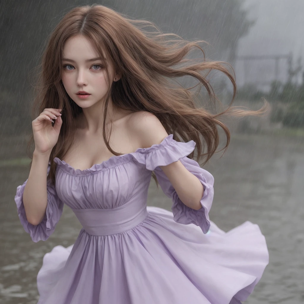 masterpiece, Highest quality, One girl, Elaina_(May_no_gossip), Brown Hair, Purple eyes, Long Hair, rain、Dancing、Elegant outfit、Photograph the whole body