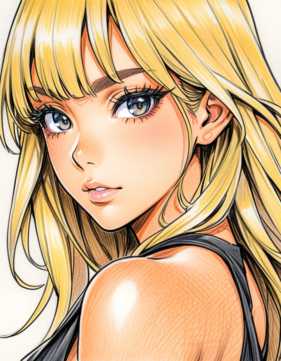 (color pencil drawing), draft drawing, from front, female, solo, (((tanned skin:1.3))), blonde long hair, black eyes, black eyeliner, false eyelashes