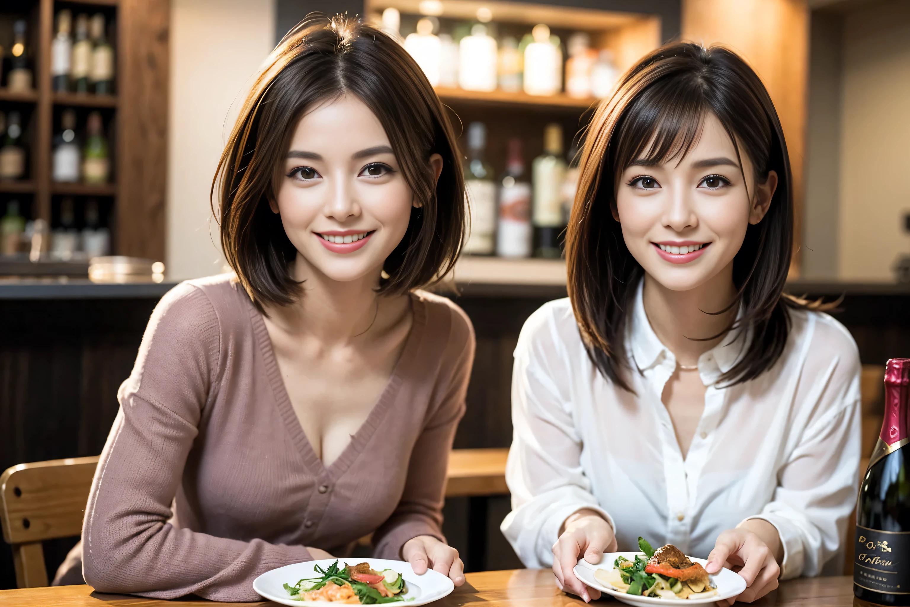 (Realistic:1.1),(masterpiece,Highest quality),8k,(49 years old), 50 years old, slimカップル、Tight waist,Upper Body,full-course dinner、wine 、Amazing view of the sunset sky and clouds、Perfect Anatomy, Brown Hair, short hair,Random Hairstyles,((Highly detailed face and eyes:1.2)),Perfect golden ratio face,Long sleeve shirt、dress,(smile:1.2)、Shortcuts、cute、(Realistic, Intricate details:1.2), A bright smile、short hair,Bright Face、赤wine 、Appetizers、Italian food、wine bottle、Champagne、スパークリングwine、(slimな顔), (The body is slim), (Brown Hair), (Shortcuts), Upper Body, 白wine, slim, wineグラス,