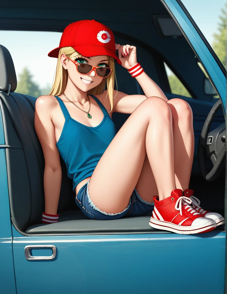 childish, sassy, skinny, freckled, blonde girl, green eyes, flat chest, pert butt, red cap, sunglasses, thick necklace, wristband, blue tank top, micro denim shorts, red sneakers, cheeky smile, sitting in the passenger seat, in the cabin of a truck, ecchi anime, Takei Hiroyuki style, cinematic, dramatic, POV, dynamic view, full body,