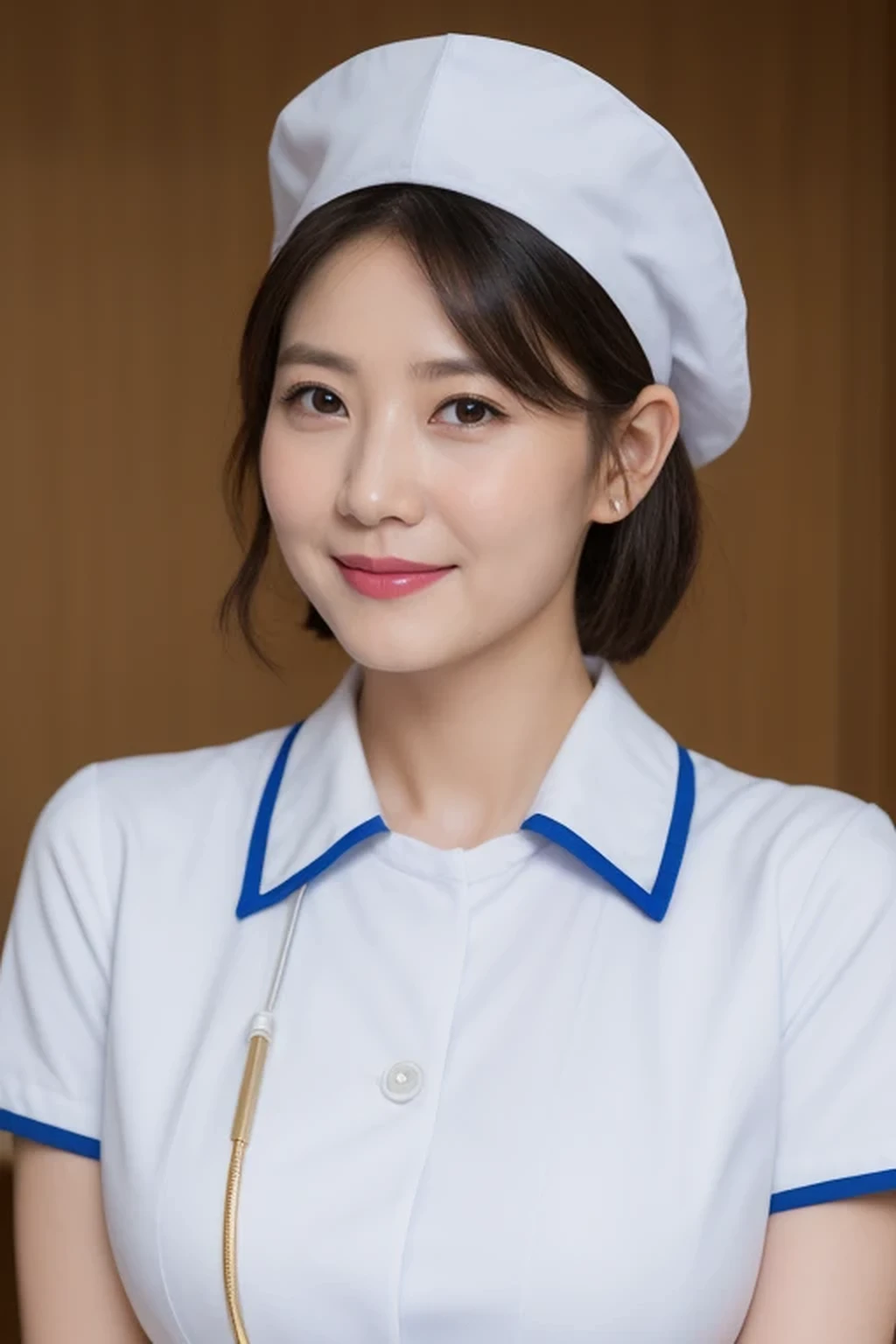 (8k, best quality, masterpiece, golden ratio composition,:1.3), full body, (huge breasts:1.2), (beautiful Japanese mature woman), A woman in her 40s, shirt cut hair, (wearing white Nurse's uniform, Nurse's cap :1.2),