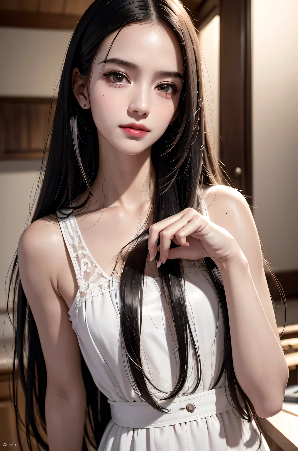 (8k, born, realistic: 1.25), ((striped white hairs)))))), (Thin lip gloss, thin eyebrows, eyelash, tear bag, sharp bangs, shiny face, shiny skin, highest quality, ultra high resolution, Depth of the bounds written, chromatic aberration, caustics, wide lighting, natural shading, K-POPアイドル) Glasses, Calm, Collect a strand of hair with your hand, long hair, smile, Small devil, inside the house
