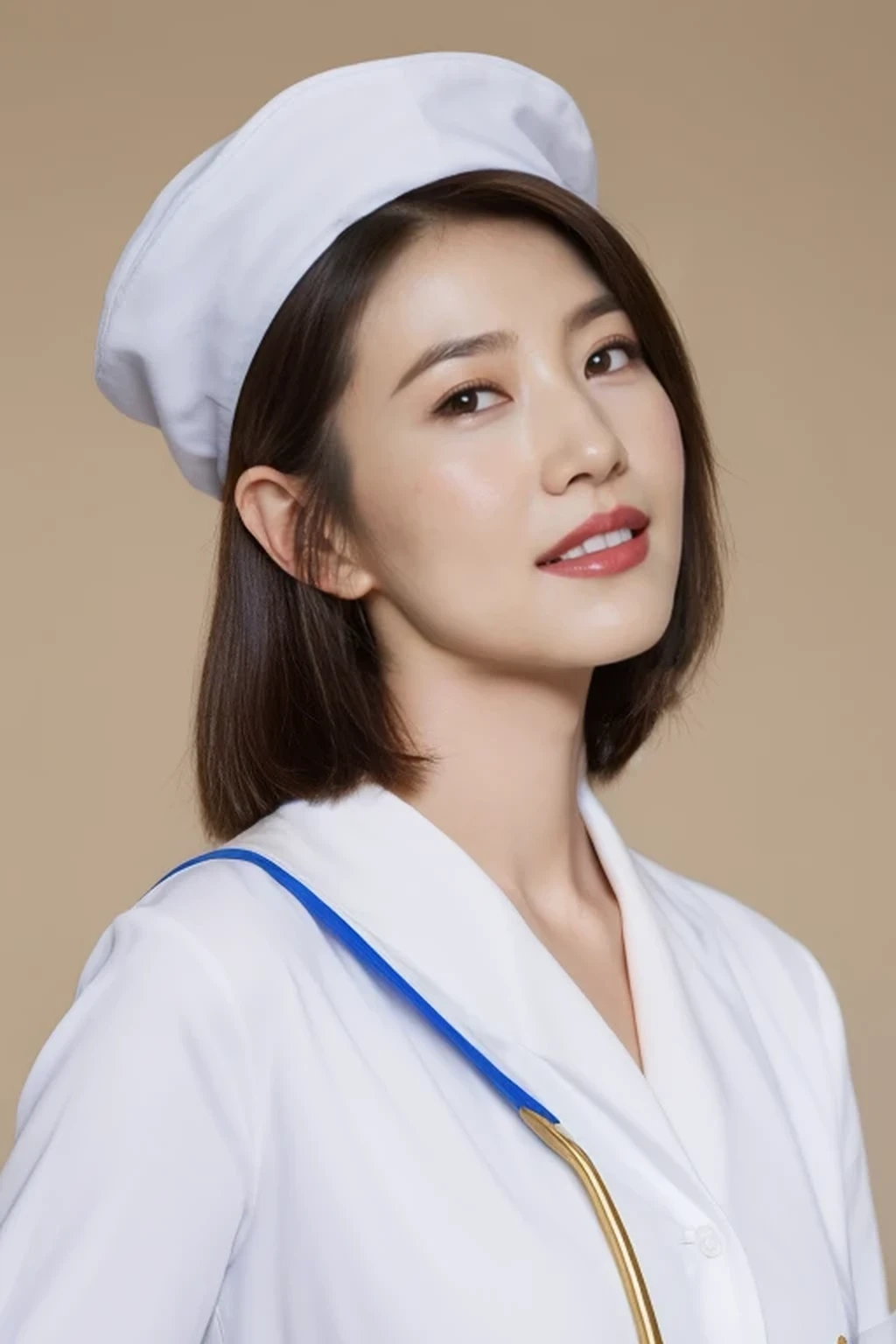(8k, best quality, masterpiece, golden ratio composition,:1.3), full body, (huge breasts:1.2), (beautiful Japanese mature woman), A woman in her 40s, shirt cut hair, (wearing white Nurse's uniform, Nurse's cap :1.2),