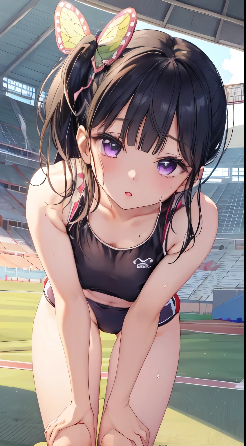 (((nsfw))),topless,  Down blouse, Highly detailed eyesと顔，Highly detailed eyes, Ultra-realistic 8K CG，masterpiece，（（Highly detailed background，Delicate pattern，Intricate details, Detailed and beautiful eyes）），The best quality in the best condition，Very very very detailed face，((OlympicStadium)), ((((Top view, Crouch down, Down blouse)))), breast enhancement, (Sweatで濡れている, Nipple Contour), Cleavage, shy, Sweat, Waistline, Athletics, Cute ass, Olympic競技場, Japanese representative player, masterpiece, Highest quality, High resolution,walk short distance, Race, A large number of people, walk short distance, A strong start, 
Kanadev, 1 girl, alone, Purple eyes, Black Hair, Long Hair, blunt bangs, bangs, hair ornaments, bug, butterfly, Side Ponytail, butterfly hair ornaments,
whole body, Stadium,Olympic, Looking at the camera, 1 girl, , software, High resolution,masterpiece,Highest quality, ,1 girl, , Hair Flowers, Cha-cha dance, Athleticsのユニフォーム,