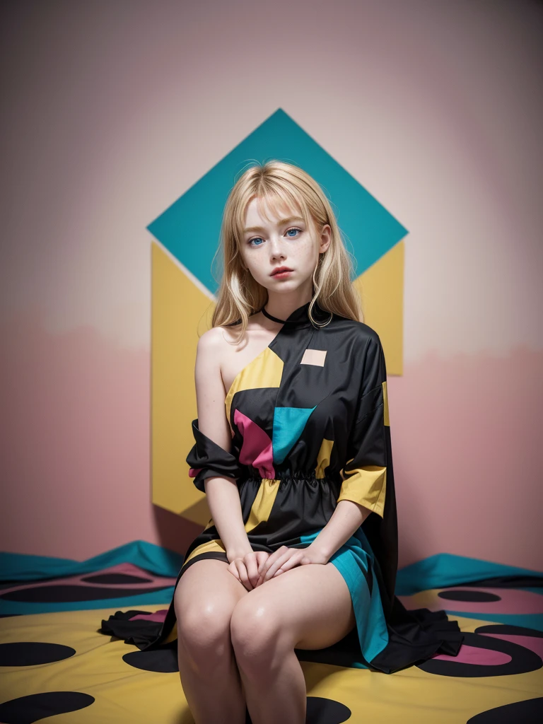 A panoramic photo showing a girl sitting in front of an abstract, colorful background. She has shoulder-length, slightly wavy, naturally blonde hair that falls over her shoulders. Her face is delicate and even, with perfectly applied eye makeup and red lips. She looks straight into the camera with a thoughtful expression. The girl is wearing a striking, colorful dress in the style of abstract expressionism. The dress is made up of geometric shapes in bold colors such as yellow, red, blue, and black. The dress has long sleeves and appears to reach down to her knees. Her left hand supports her face while her right arm rests loosely on her lap. The background consists of large, abstract color fields in colors similar to those of the dress. These color fields have irregular shapes and resemble a large-scale painting. The colors of the background harmonize with those of the dress, creating a visual connection between the girl and the background. The lighting in the image is soft and even, highlighting the girl. (((((real life image)))))