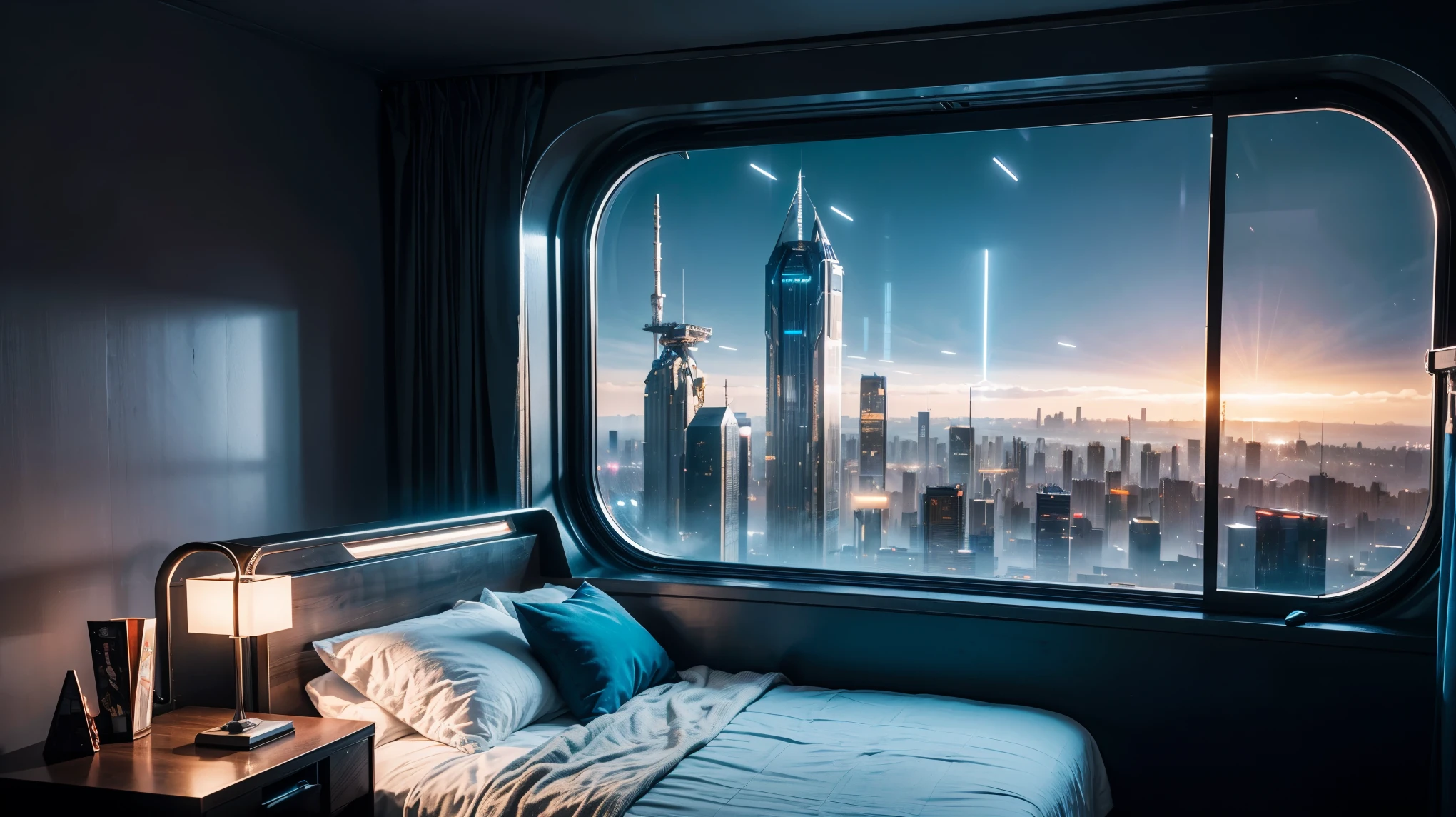 Beautiful sci-fi bedroom matte painting by John Harris, Spars and Greg Rutkowski. Sharp Edges, Tiffany Blue, Gray Orange, White and Gold. Sci-Fi bedroom at the space station, Outside the window you can see the skyline of a futuristic city, Light effects. Crystal clear details, 3 days, Octane Rendering. 8k yen