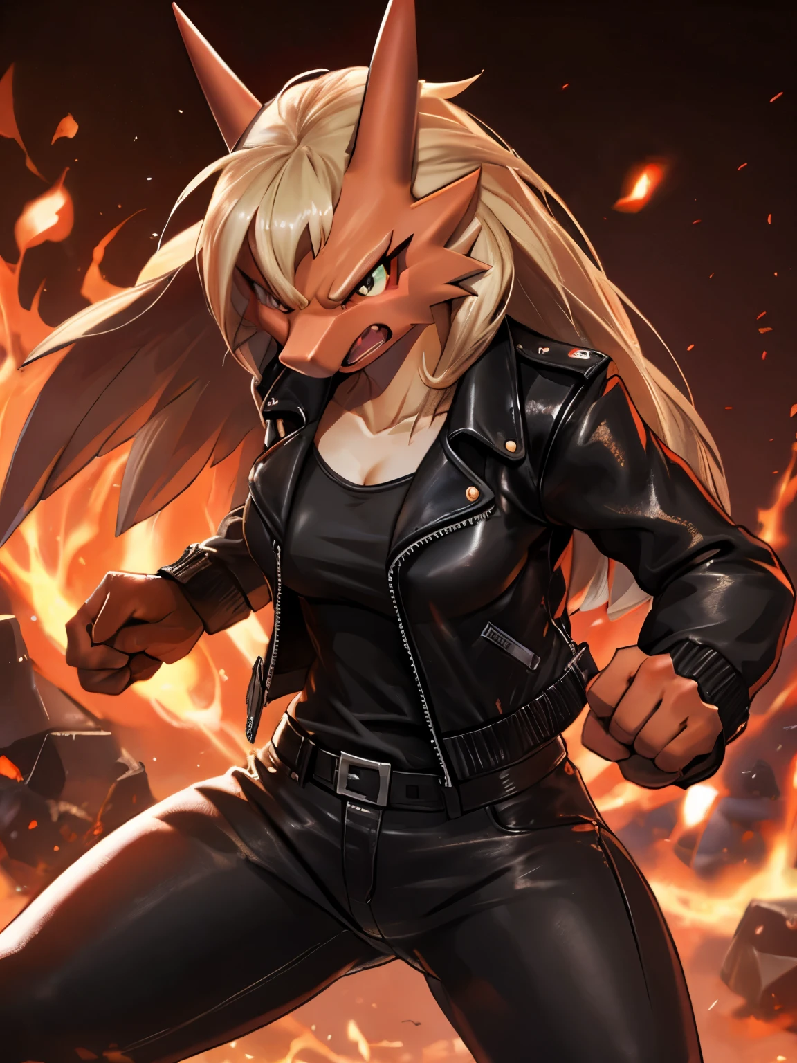 female, solo, blaziken, leather jacket (black), fighting pose, angry