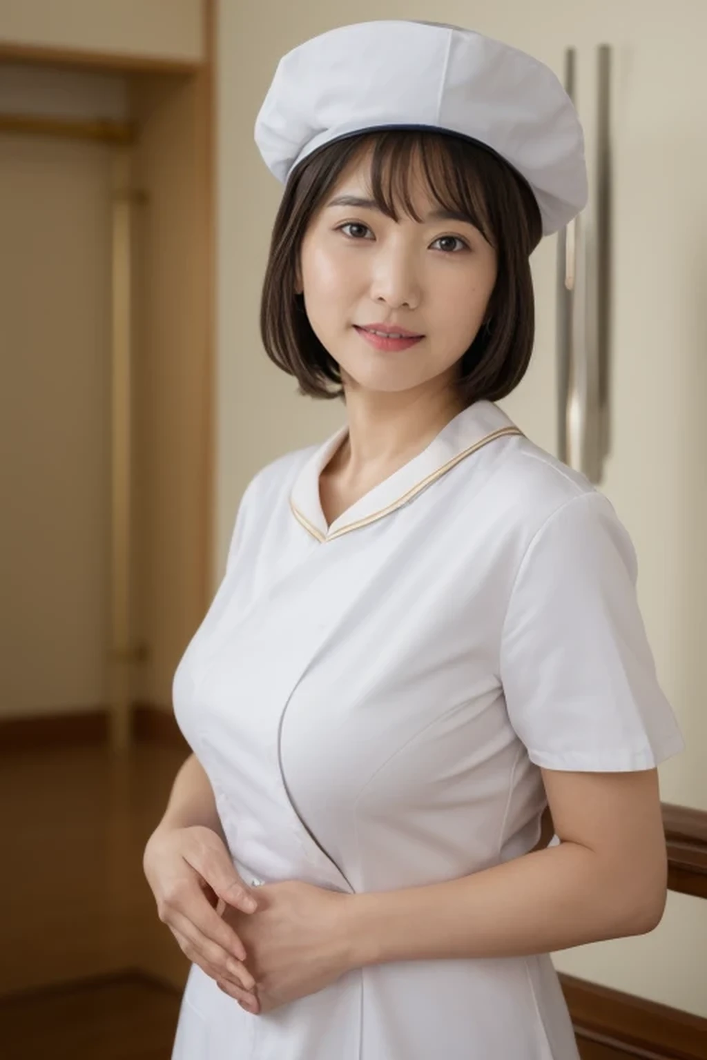(8k, best quality, masterpiece, golden ratio composition,:1.3), full body, (huge breasts:1.2), (beautiful Japanese mature woman), A woman in her 40s, shirt cut hair, (wearing white Nurse's uniform, Nurse's cap :1.2),