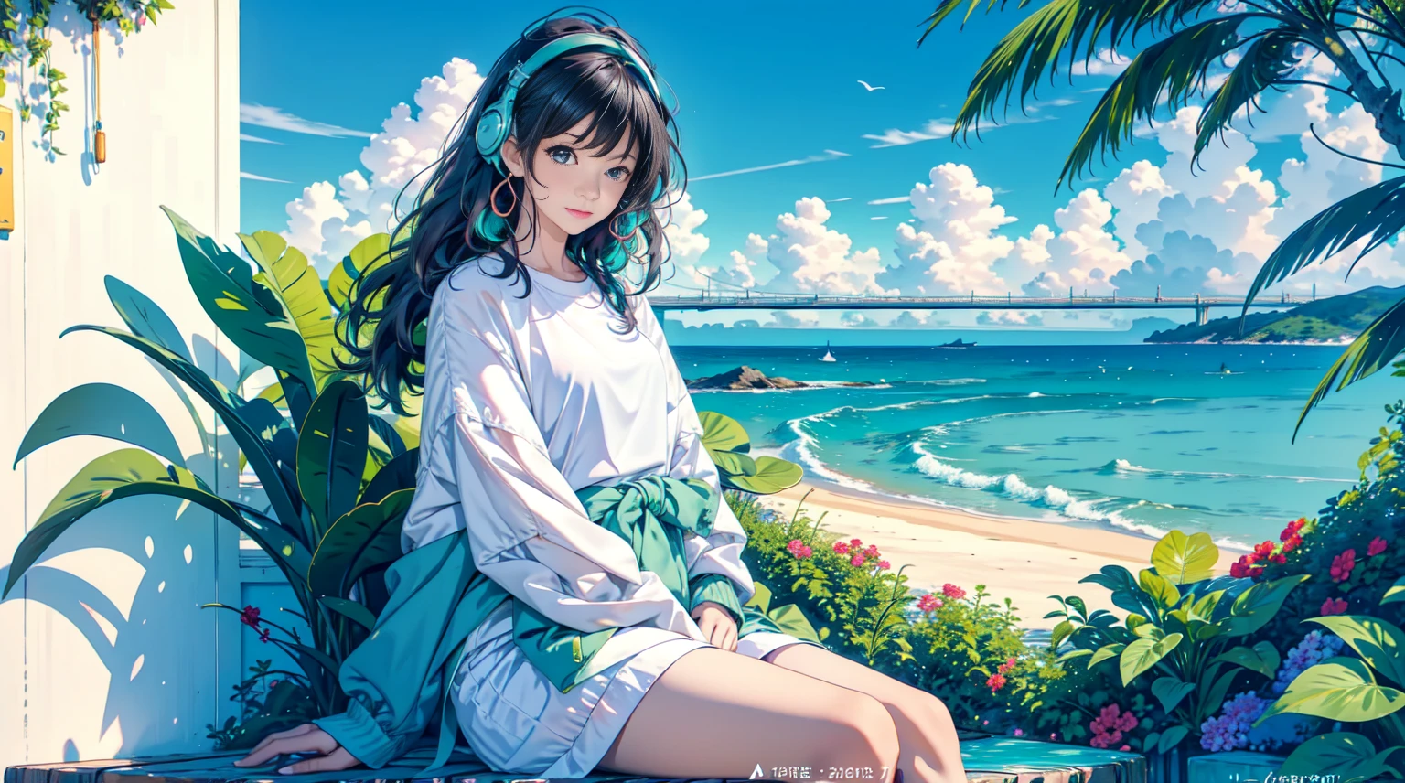 Create a detailed, vibrant illustration of a serene coastal workspace on a sunny day. 1 girl sitting, wear headphone, The scene should include a wooden table with a laptop, notebooks, a cup of coffee, and various stationery items.  Surround the table with lush green potted plants. The background should feature a stunning ocean view with clear blue skies, distant mountains, and gentle waves crashing onto the sandy beach. Ensure the atmosphere is calm and inviting, perfect for relaxation or productive work.