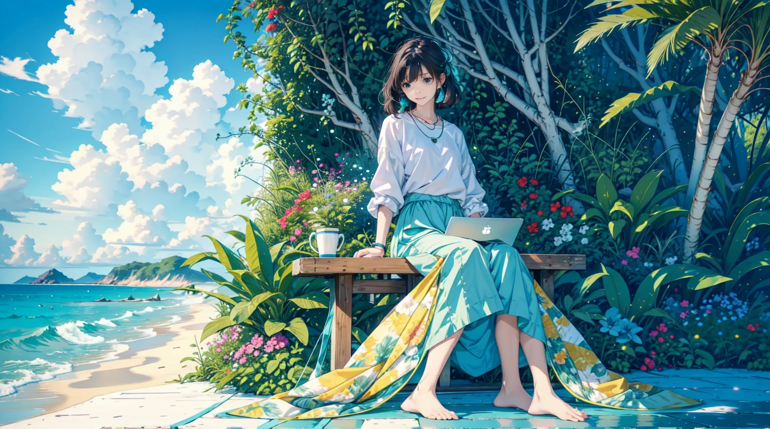 Create a detailed, vibrant illustration of a serene coastal workspace on a sunny day. 1 girl sitting, wear headphone, The scene should include a wooden table with a laptop, notebooks, a cup of coffee, and various stationery items.  Surround the table with lush green potted plants. The background should feature a stunning ocean view with clear blue skies, distant mountains, and gentle waves crashing onto the sandy beach. Ensure the atmosphere is calm and inviting, perfect for relaxation or productive work.