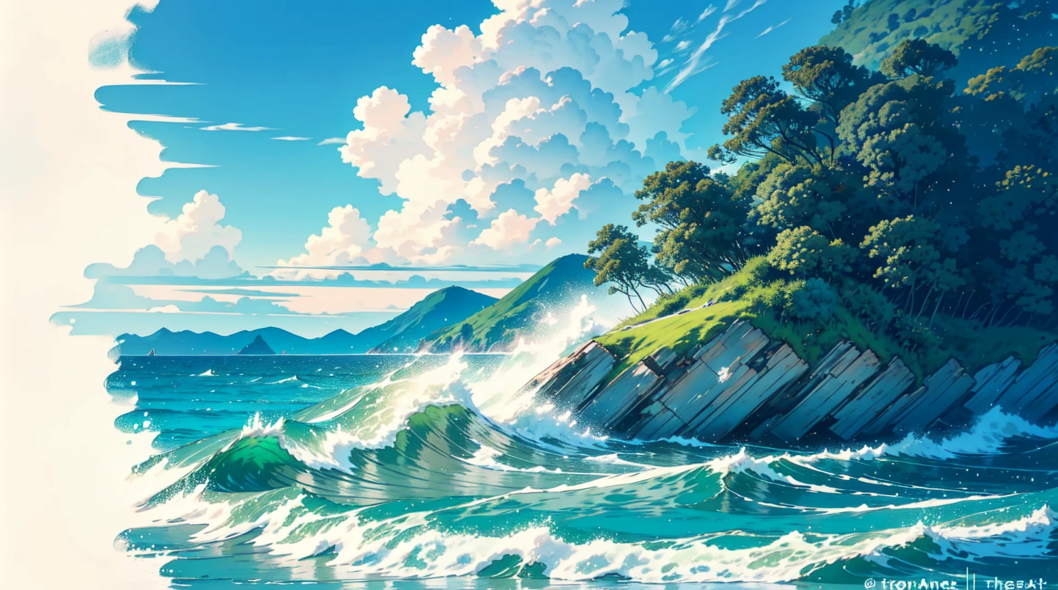 Create a detailed, vibrant illustration of a serene coastal workspace on a sunny day. 1 girl sitting, wear headphone, The scene should include a wooden table with a laptop, notebooks, a cup of coffee, and various stationery items. Surround the table with lush green potted plants. The background should feature a stunning ocean view with clear blue skies, distant mountains, and gentle waves crashing onto the sandy beach. Ensure the atmosphere is calm and inviting, perfect for relaxation or productive work.