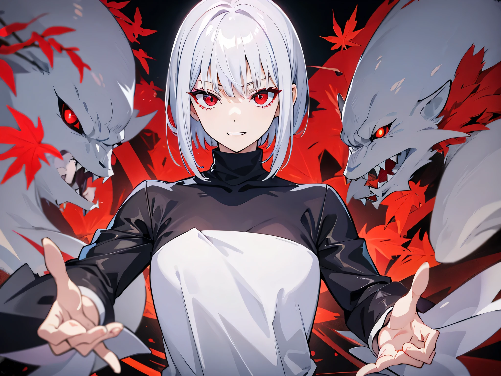 Silver Hair、Red Eyes、Has fangs、put out leaves、looking at the camera、Black turtleneck long sleeves、whole body、Active posing、Short Hair、Spiky Hair、No nape、cool、The whole body is the subject、独奏、Open your mouth、Strike a pose for the camera、whole bodyを映す、Very Short Hair、Grin