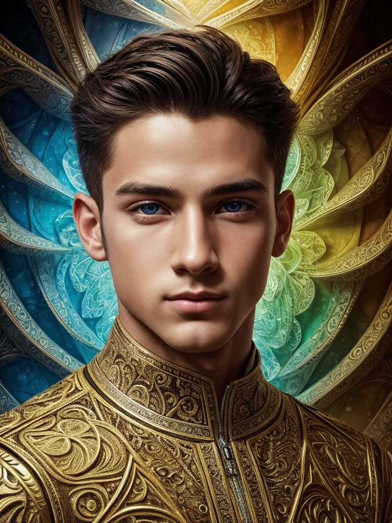 A masterpiece boy with extreme detailed features in a fractal art style, showcasing the highest level of quality and aesthetics. The artwork should be filled with vibrant and colorful visuals, reflecting the intricate details of the fractal patterns. The boy's appearance should be captivating, with attention given to every aspect of his face, such as his eyes, nose, and lips, ensuring they are beautifully detailed. The artist should strive for excellence, creating a visually stunning and breathtaking artwork. The overall style should be official and polished, resembling professional artwork. The image should have a realistic touch, with sharp focus and vivid colors that pop. The lighting should be carefully designed to highlight the boy's features and bring the artwork to life.