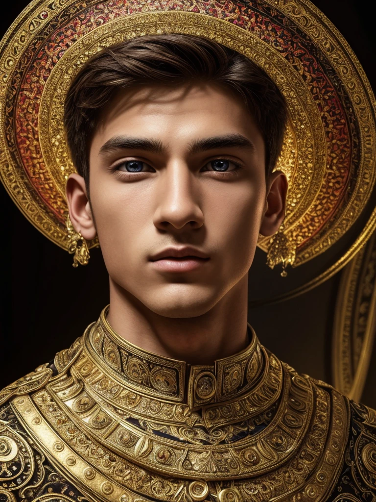 A masterpiece boy with extreme detailed features in a fractal art style, showcasing the highest level of quality and aesthetics. The artwork should be filled with vibrant and colorful visuals, reflecting the intricate details of the fractal patterns. The boy's appearance should be captivating, with attention given to every aspect of his face, such as his eyes, nose, and lips, ensuring they are beautifully detailed. The artist should strive for excellence, creating a visually stunning and breathtaking artwork. The overall style should be official and polished, resembling professional artwork. The image should have a realistic touch, with sharp focus and vivid colors that pop. The lighting should be carefully designed to highlight the boy's features and bring the artwork to life.